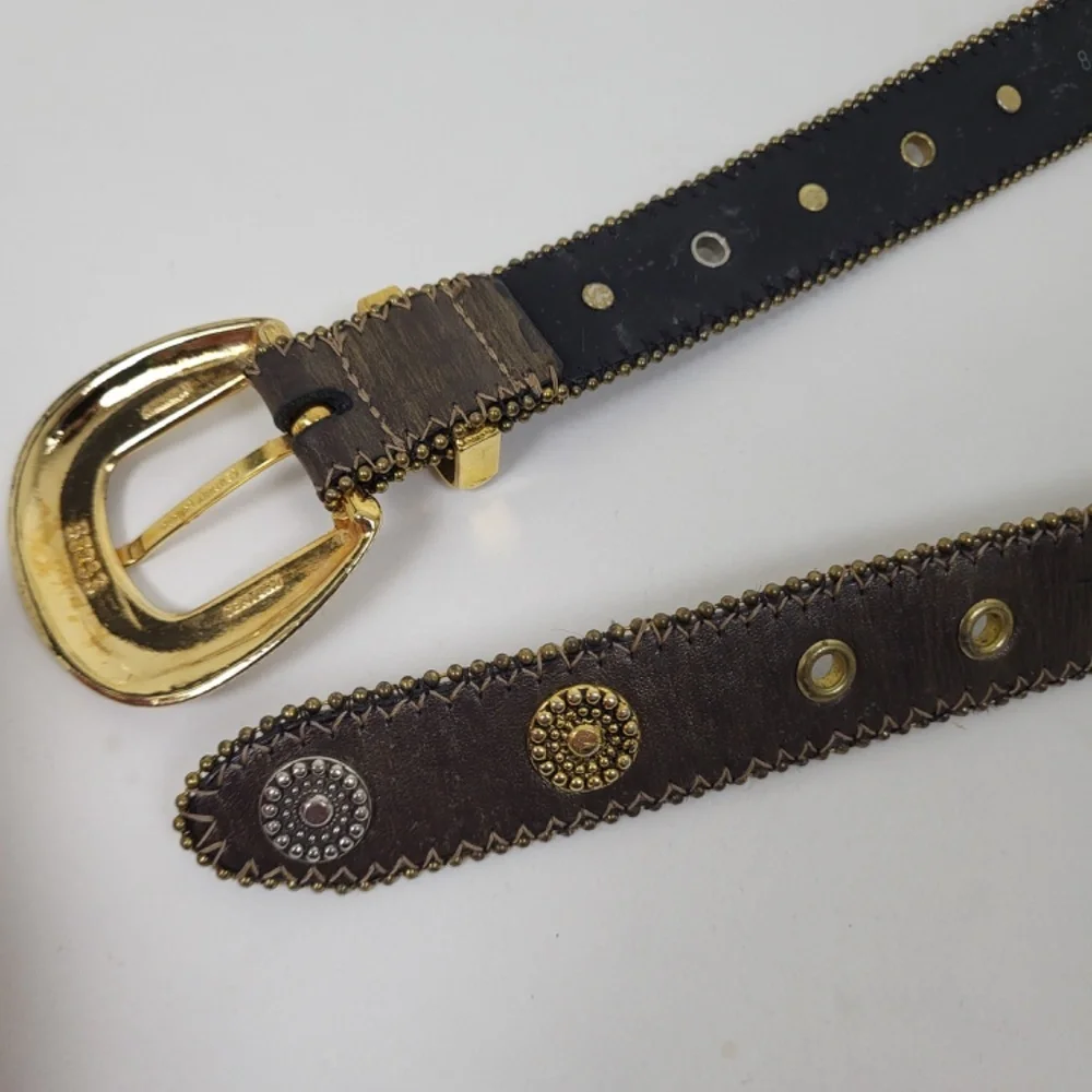 Vintage Genuine Leather Western Gold Belt adjustable silver hardware - Picture 9 of 9